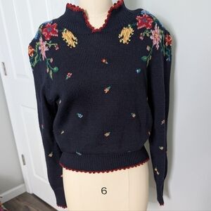 Herman Geist Floral Hand Embroidered Navy Sweater Padded Sleeves Size Small‎